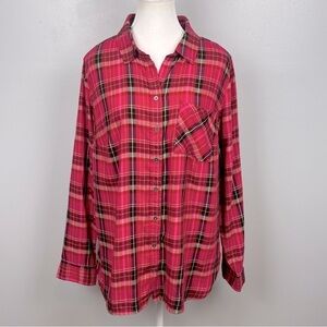 NWT True Craft women’s cotton modal berry pink plaid long sleeve shirt, 0X.
